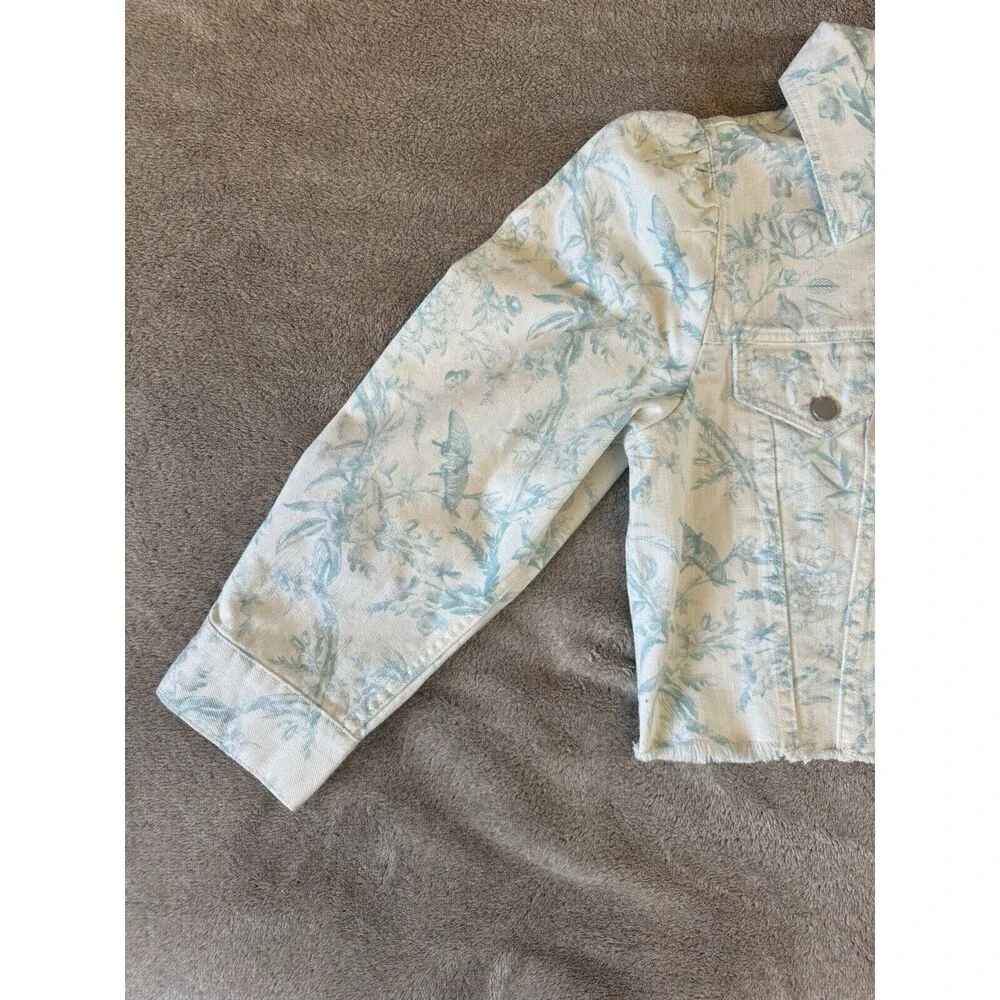 ELIE TAHARI Floral Denim Jacket Cropped Raw Hem White Blue Size M Cotton - Picture 6 of 16